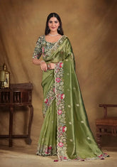 India Silk Olive Green Sarees Featuring A Blend Of Multiple Fabrics Offer A Perfect Balance Of Elegance